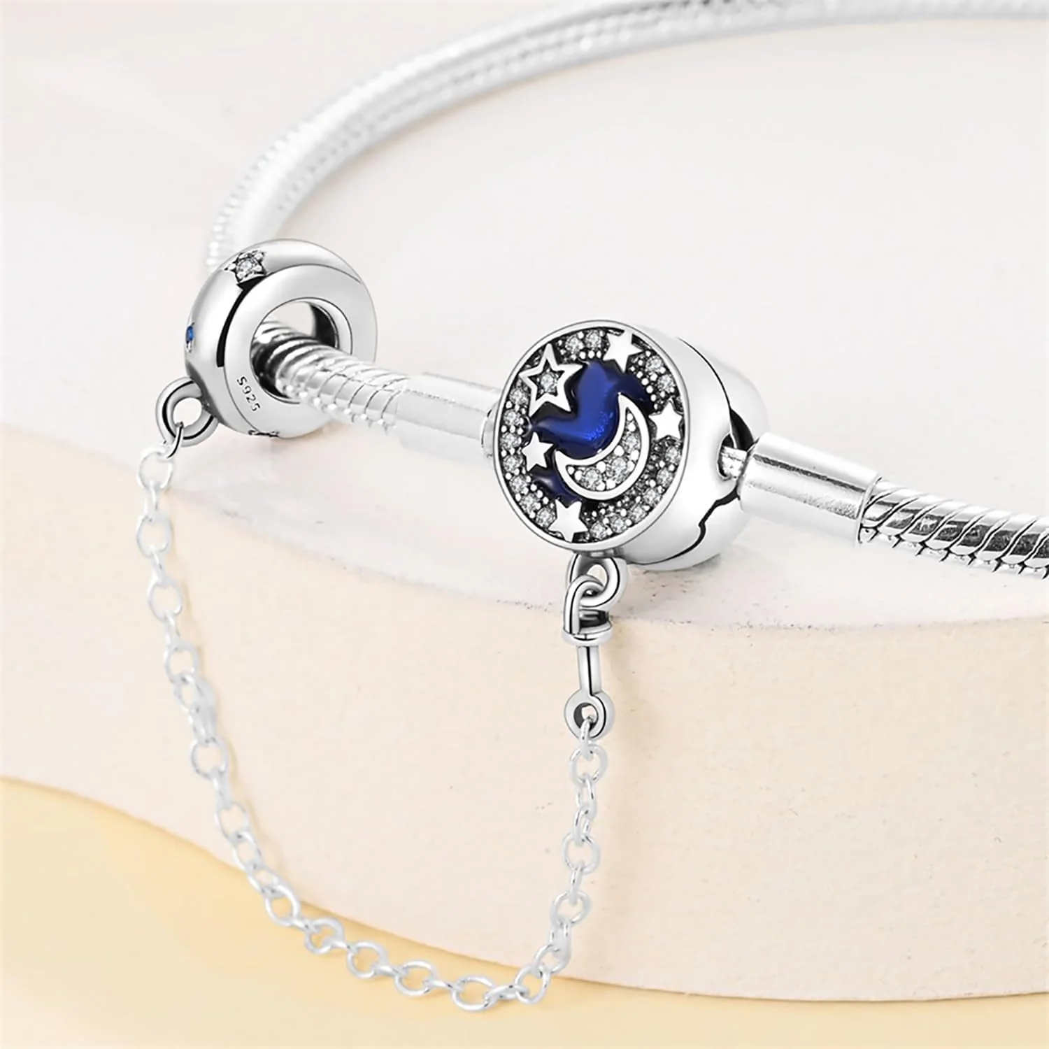 Crescent Moon with Star Bracelet, Blue Enamel and Crystal Accents - Image 3