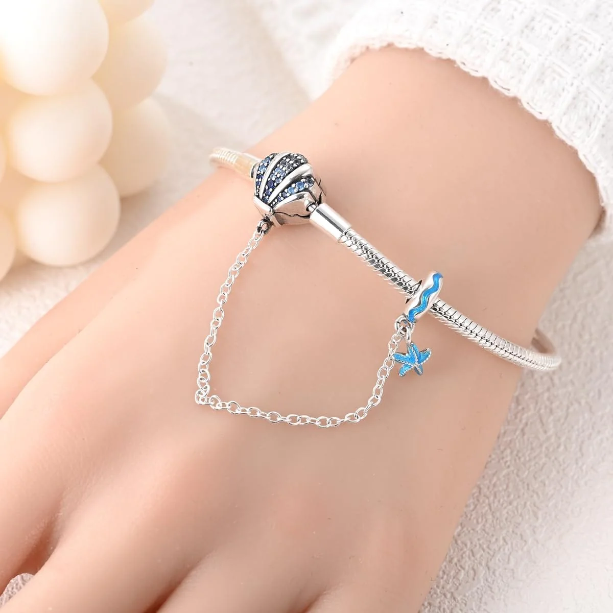 Ocean-Themed Bracelet with Blue Crystal Seashell and Starfish Charms - Image 4
