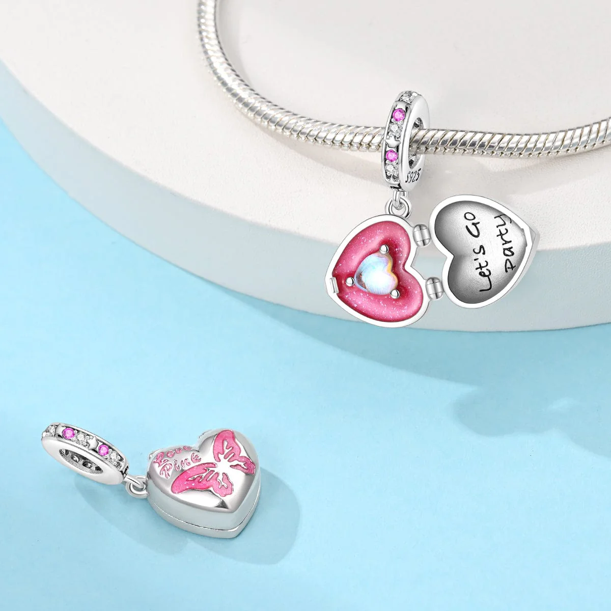 Sparkling Pink Heart Locket with 'Let's Go Party' Inner Heart Charm - Image 3