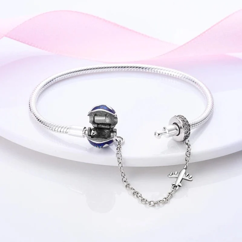 World Globe Charm Bracelet with Airplane and Safety Chain - Image 3